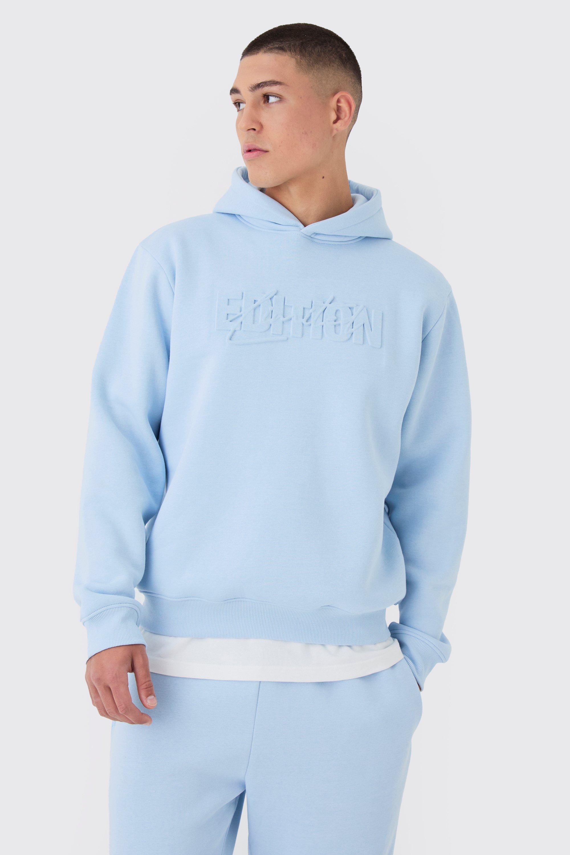 Mens Blue Regular Limited Edition Embossed Hoodie, Blue